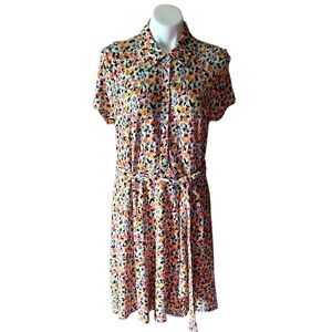 Isaac Mizrahi Pink Floral Belted Short Sleeve Shirt Dress Church Modest Size L
